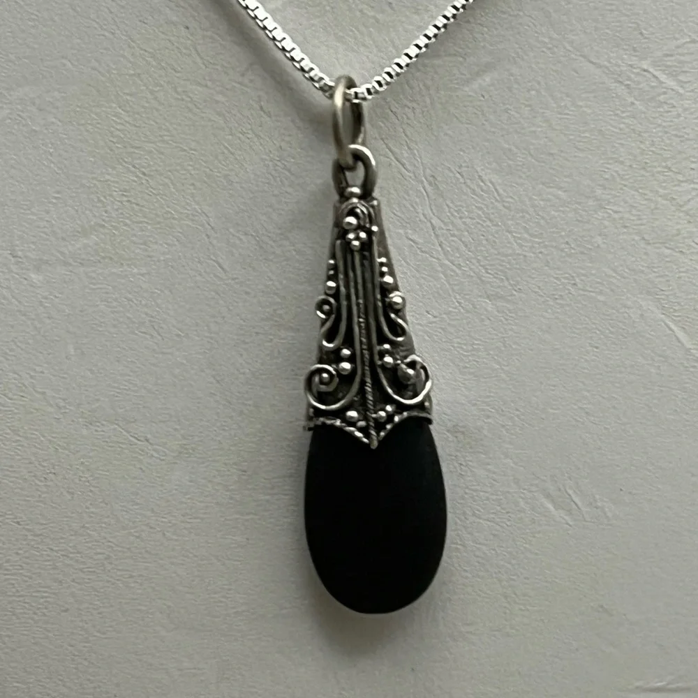 Victorian-Inspired Matte Black and Sterling Silver Filigree Necklace -Boho Chic